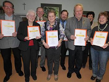 Unter anderem wurde Alfred Meidel (3. v. r.) geehrt, der seit 60 Jahren im Volkschor singt. Foto: Roland Meister