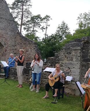 Den Scharadwanzen mit Ilona Zirkelbach, Birgit D&ouml;hler, Katja Karch, Uli Aum&uuml;ller und Christine Weber (von links) merkte man am Michelsberg an, dass sie richtig viel Spa&szlig; an ihrer Musik haben. Foto: Heike Beudert