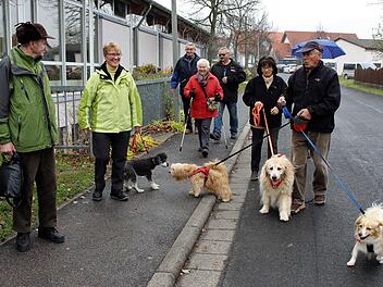 Beim Wandern begegnen sich Mensch und Hund: Herbert und Christa Götz aus Etzelskirchen mit ihrem Pudel Maxi (vorne von links) und ein Paar aus Herzogenaurach mit gleich drei Hunden.Evi Seeger