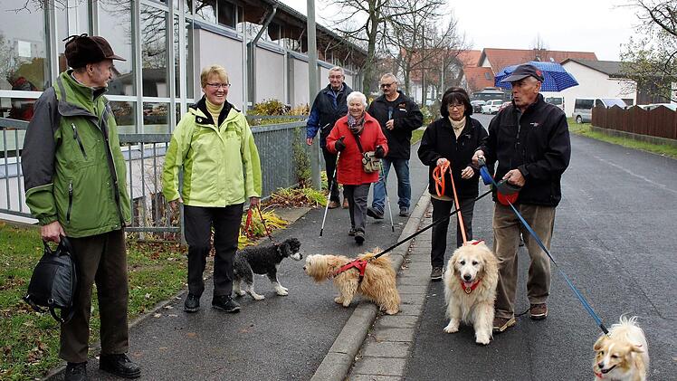 Beim Wandern begegnen sich Mensch und Hund: Herbert und Christa Götz aus Etzelskirchen mit ihrem Pudel Maxi (vorne von links) und ein Paar aus Herzogenaurach mit gleich drei Hunden.Evi Seeger