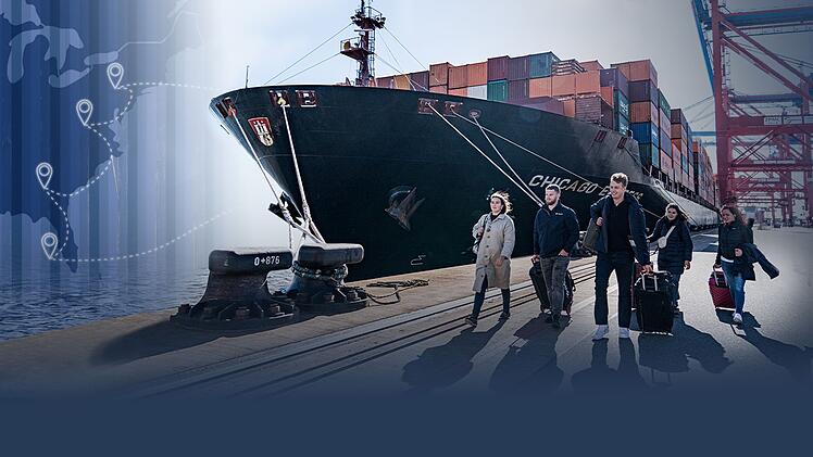 Befahren mit dem Frachtschiff "Chicago Express" die Weltmeere (von links): Gweny Backs, Jamie von Bresinski, Ansgar Stark, Sofia Spirgatis und Selina Schwarz.