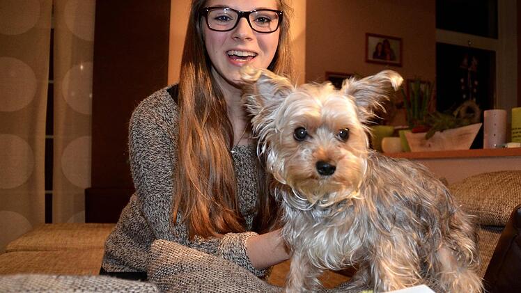Hundedame Maja mit ihrem Frauchen Anna-Lena im Wohnzimmer der Familie. Ausflüge ins Freie sind noch tabu, denn der Yorkshire-Terrier muss noch vollständig von der Vergiftung genesen. Foto: Kathrin Kupka-Hahn