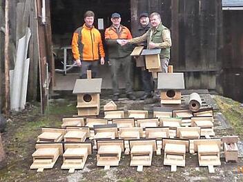 Sie präsentieren mit Stolz die in ehrenamtlicher Arbeit erstellten Fledermaus- und Kauzkästen (von links): Christian Goldammer (Revierleiter Tettau), Heinrich Opel (WBV Rennsteig), Alois Porzelt (Frankenwaldverein Kleintettau) und Bernd Heinz, Naturschutzwacht Landkreis Kronach. Es fehlt Dachdecker Gerhard Baier.  Foto: K.- H. Hofmann