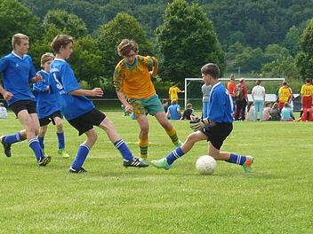 Kampf und Einsatz zeigten die Mannschaften bei dem Fußballturnier, das sehr fair über die Bühne ging und das am Ende erstmals das Team des Frobenius-Gymnasiums als Sieger sah. Foto: Elmar Heil