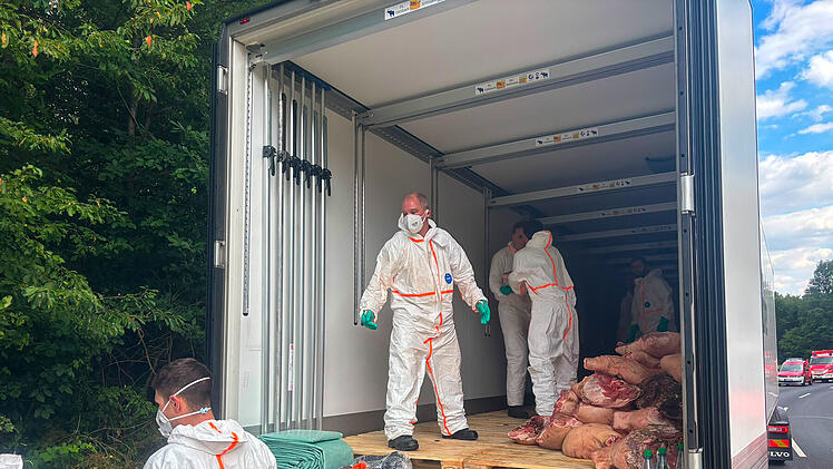 Bad Br&uuml;ckenau: Fleischlaster kippt in Graben - aufwendige Bergung