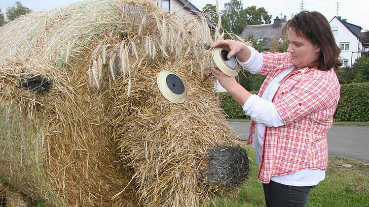 Tanja Goller hat das Picknickgeschirr aus Plastik für die Riesen-Tiere geopfert. Die Teller wurden innen schwarz angemalt - und mit einem Nagel als Augen in das Schäfchen und in die Kälbchen gesteckt.