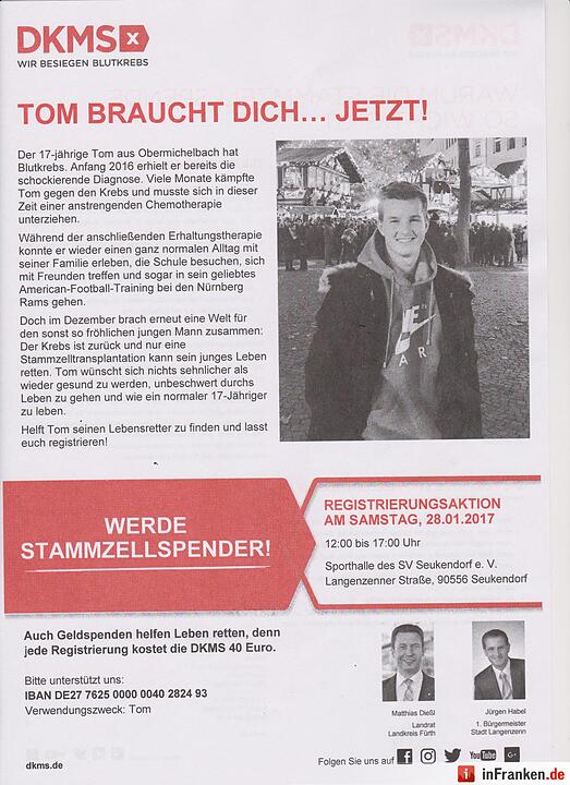Seukendorf im Ausnahmezustand - Typisierungsaktion bringt Helfer und Örtlichkeit an die Belastungsgrenze - 16-jährige Klassenkameradin bringt alles ins Rollen - Über 2.500 Menschen folgen dem Aufruf „TOM BRAUCHT DICH... JETZT!“