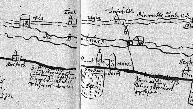 Diese bereits recht genaue Straßenskizze stammt aus dem Rotenhan-Archiv Rentweinsdorf. Sie ist abgedruckt im Ebern-Buch von Dr. Isolde Maierhöfer. Gezeichnet wurde sie um 1580. Sie nannte den Fuhrleuten die Zwischenstationen auf den beiden Geleitstraßen links und rechts der Baunach und warnte vor schlechten Wegstrecken.Repro: Günter Lipp