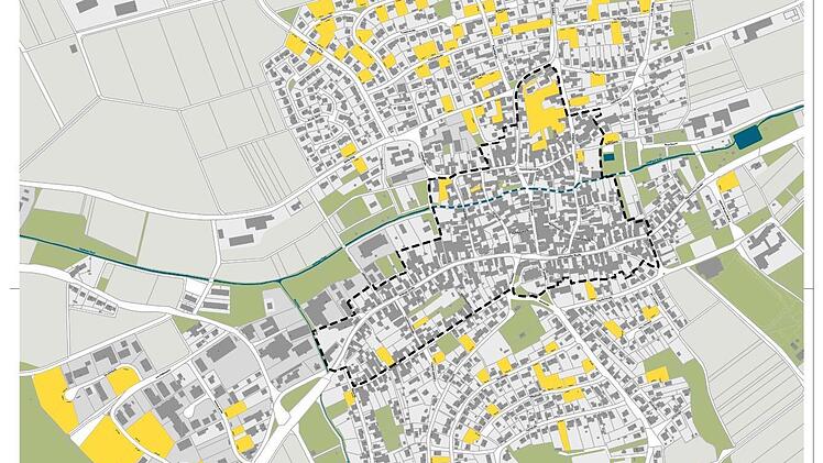 Alle privaten Baulücken sind gelb markiert. Die gestrichelte Fläche zeigt das derzeitige ISEK-Untersuchungsgebiet. Grafik: Architektur- und Ingenieurbüro Perleth