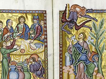 Der Bamberger Psalter aus der ersten Hälfte des 13. Jahrhunderts. Li. die Hochzeit zu Kana, re. die Versuchung Christi Foto: Staatsbibl. Bamberg/scharf