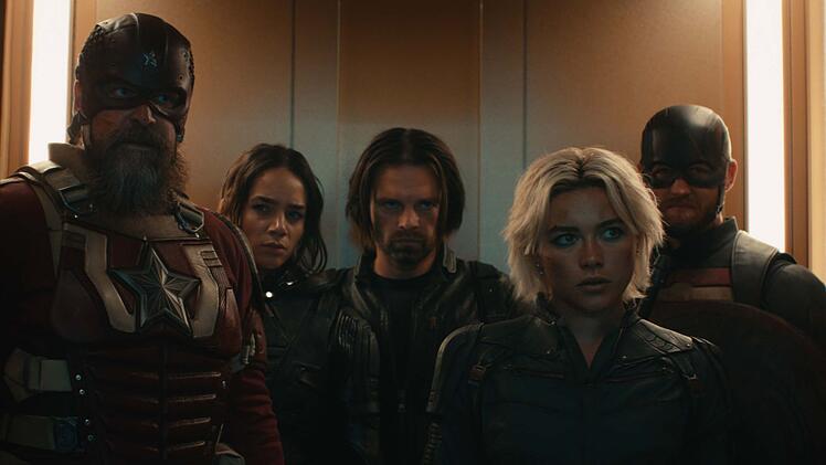 Sie müssen gemeinsam die Welt retten (von links): Red Guardian (David Harbour), Ghost (Hannah John-Kamen), Bucky Barnes (Sebastian Stan), Yelena Belova (Florence Pugh), and John Walker (Wyatt Russell).