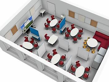 Dieses Klassenzimmer soll in rund acht Wochen als Experimentierraum für Unterrichtsformen der Zukunft am Arnold-Gymnasium in Betrieb genommen werden. Ausgestattet mit Tablet-Computern und kontrolliertem WLAN sollen Unterrichtsmethoden entwickelt werden, die die Schüler "aktivieren".  Foto: Arnold-Gymnasium