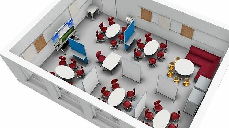 Dieses Klassenzimmer soll in rund acht Wochen als Experimentierraum für Unterrichtsformen der Zukunft am Arnold-Gymnasium in Betrieb genommen werden. Ausgestattet mit Tablet-Computern und kontrolliertem WLAN sollen Unterrichtsmethoden entwickelt werden, die die Schüler "aktivieren".  Foto: Arnold-Gymnasium