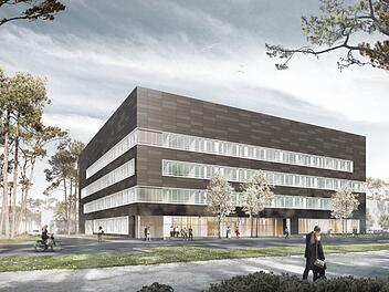 So soll der Forschungsneubau "Interdisziplinäres Zentrum für Nanostrukturierte Filme (IZNF)" der FAU aussehen.  Animation: Doranth Post Architekten