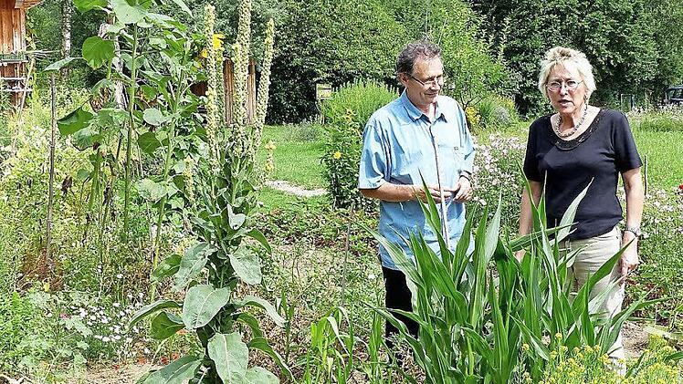 Wolfgang Schenker zeigt MdB Eva Bulling-Schröter den Kräutergarten des SchlöNZ. Foto: Dieter Hübner