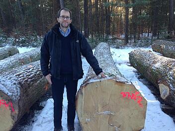 Ralf Keller (l.) präsentiert den teuersten Stamm, die sogenannte Braut. Foto: Carmen Schwind