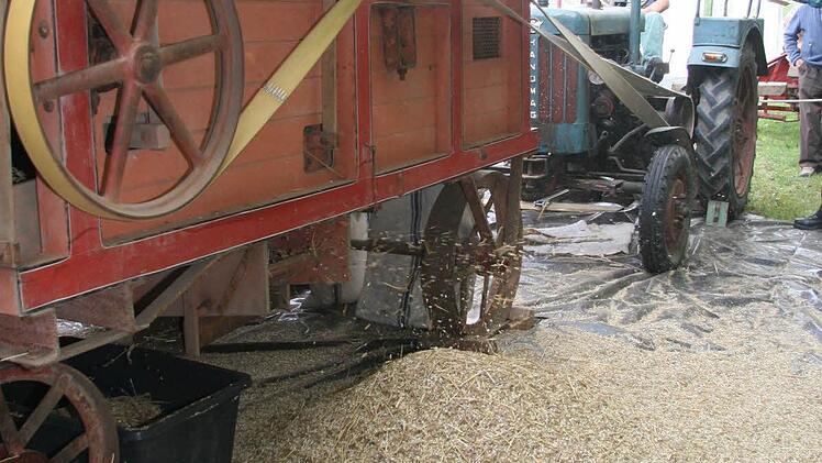 An der Seite der Dreschmaschine von Anton Schlüter München kam das Korn heraus.