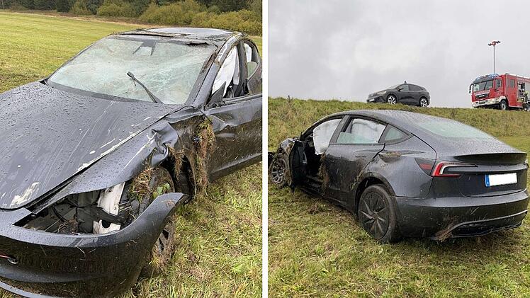 Tesla &uuml;berschl&auml;gt sich bei Unfall im Kreis Kronach und landet auf Feld