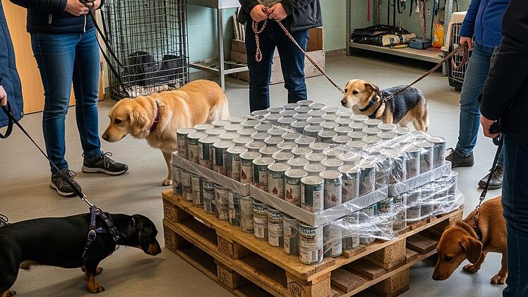 In einem Tierheim stehen zahlreiche Dosen mit Hundefutter. Auf dem Bild sind ein paar Menschen mit verschiedenen Hunden zu sehen.