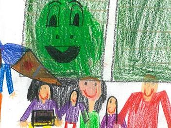 Die 1b der Cunz-Reyther-Grundschule Niederndorf, an welche heute stellvertretend für alle Herzogenauracher Erstklässler die Biobrotbox übergeben wurde  Foto: pr, gemalt von Nele