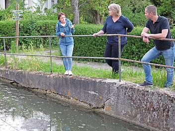 Schön ist was anderes: Evelyn Schramm, Nina Liebermann und Andreas Liebermann (von links) sind nicht begeistert, wie die Stützmauer am Lahmer Dorfteich ausschaut.  Foto: Berthold Köhler