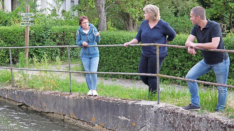 Schön ist was anderes: Evelyn Schramm, Nina Liebermann und Andreas Liebermann (von links) sind nicht begeistert, wie die Stützmauer am Lahmer Dorfteich ausschaut.  Foto: Berthold Köhler