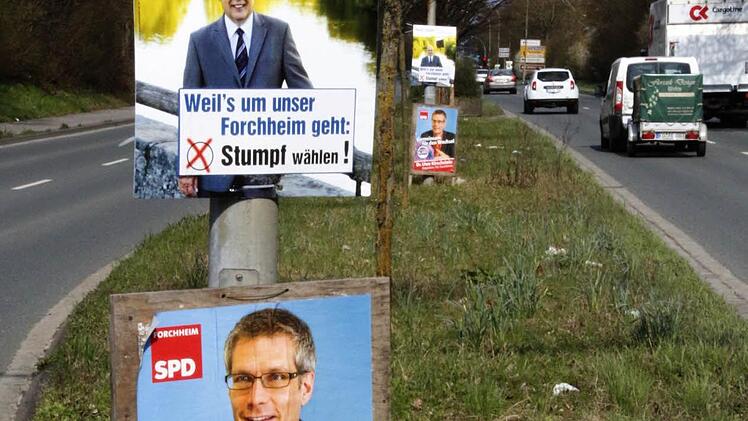 Ein vom Wahlkampf geprägtes Straßenbild war in Forchheim zuletzt im März 2014 zu sehen, als es zur Stichwahl zwischen OB Franz Stumpf und Uwe Kirschstein kam.  Foto: Archiv/Josef Hofbauer