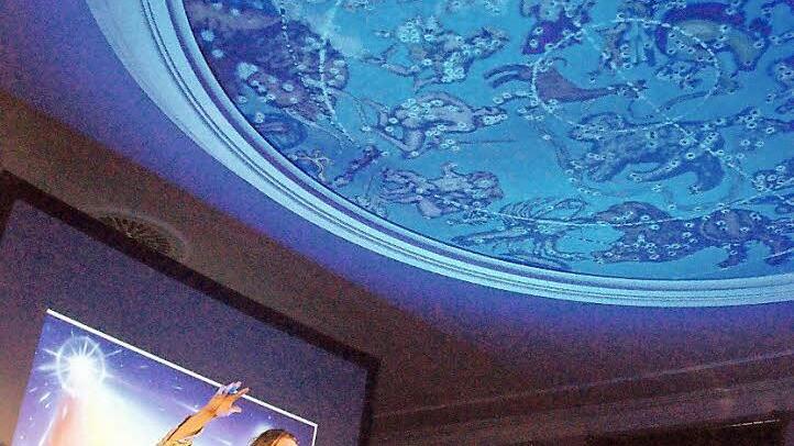 Mit vollem Körpereinsatz zog Peregrin Peiler alias Michael Ludwig Seyfried in seinem "Astro-Express" das Publikum in seinen Bann - und der Saal mit seinem Sternzeichen-Medaillon setzte dem Ganzen noch ein Krönchen auf. Foto: Sabine Weinbeer