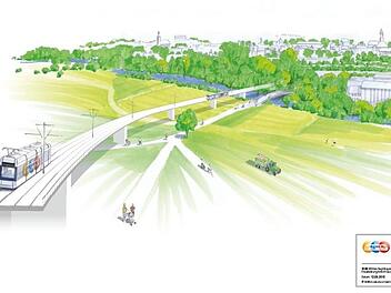Auf einer 4,40 Meter hohen Brücke über der Wöhrmühlinsel könnte die Stadt-Umland-Bahn in Richtung Büchenbach und Herzogenaurach fahren.  Animation: ZV StUB