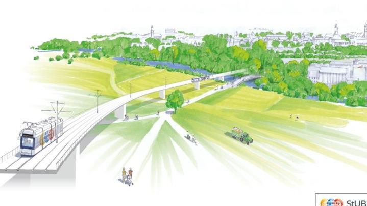 Auf einer 4,40 Meter hohen Brücke über der Wöhrmühlinsel könnte die Stadt-Umland-Bahn in Richtung Büchenbach und Herzogenaurach fahren.  Animation: ZV StUB