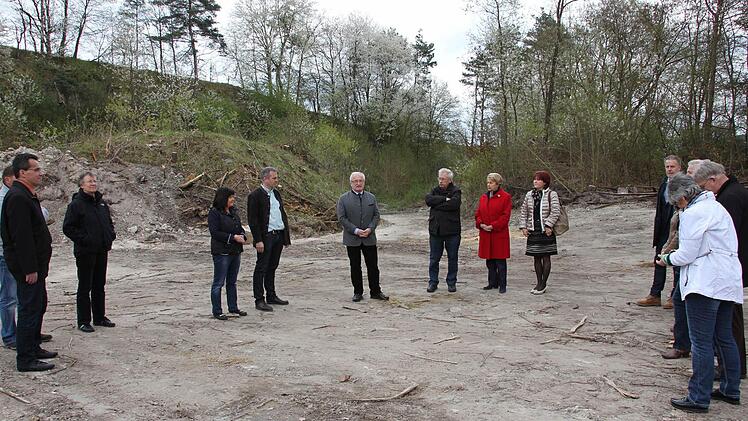 Die Kreistagsmitglieder im Steinbruch mit dem geplanten Biotop (im Hintergrund), wo sich jetzt schon die seltene Gelbbauchunke tummelt.