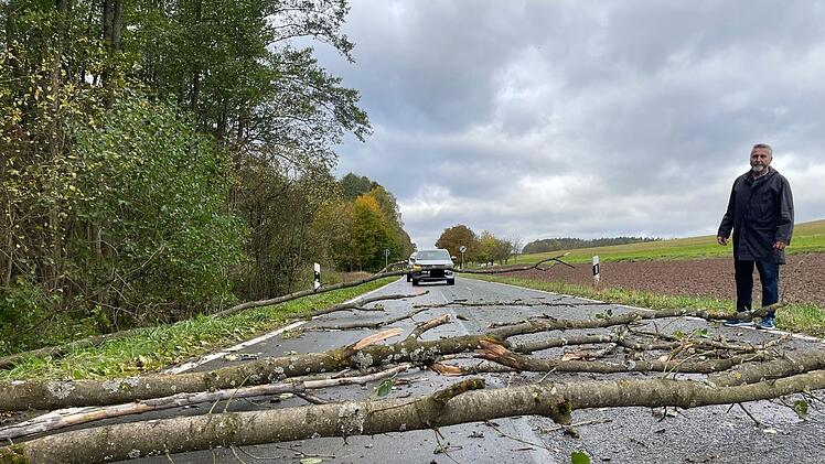 Umgefallene Bäume, wie hier bei Gundersreuth, haben  viele Straßen blockiert.