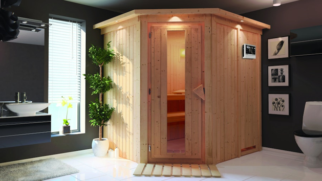 Die Karibu Innensauna Siirin mit Fronteinstieg gibt es aktuell mit einem gratis Bio-Kombiofen inkl. Steuerung und Steinen (Wert: 719 Euro).