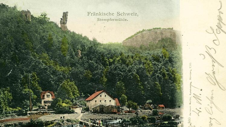 Bootfahren an der Stempfermühle im Jahre 1900 auf einer alten Ansichtskarte Repro: löw