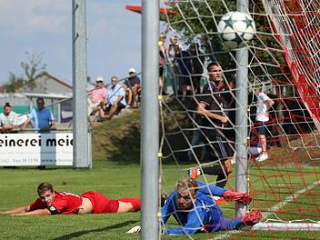 Baiersdorfs Adrian Grinjuks (links) und Torwart Jonas Harrer k&ouml;nnen dem Ball von Lukas Hofer (rechts) nur hinterher schauen. Es ist der Treffer zum 5:2. Foto: Sportfoto Zink