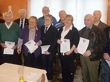 Bei den Ehrungen für langjährige Mitgliedschaft (von links): Vorsitzender Günther Hanna, Albrecht Ott, Hans Schmidt, Rosa Thron, Winfried Lebok, Angelika Ebitsch, Wolfgang Weidner, Roswitha Hummel, Heinz Kempf, Ottmar Hummel und Friedrich Schedel. Foto: privat