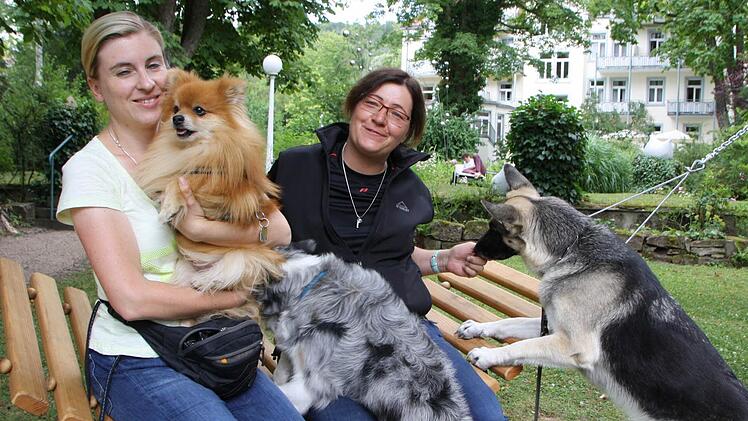 Hundepsychologin Manuela Lieflaender (links) und Tierärztin Christina Schulte-Lohgerber haben sich gemeinsam mit ihren Hunden Samy, Hailey und Fee in Bad Kissingen umgesehen. Foto: Ralf Ruppert