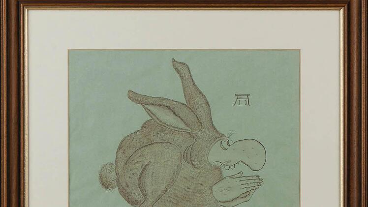 Parodien berühmter Kunstwerke:Albrecht Dürer "Der betende Hase, Leihgabe Walter Moers"Der betende Hase" ist sicher eines der unbekannteren Bilder Dürers, obwohl darin die Grundlagen für zwei seiner populärsten Werke liegen, "Die betenden Hände" und "Der Feldhase". Nach Fertigstellung des "Betenden Hasen" entschied Dürer sich dafür, die beiden Kernmotive des Bildes einzeln zu verwenden. "Zweyn pilder pringen zweyfach fil thaler denn eyns", bemerkte Dürer in diesem Zusammenhang, wohl ahnend, da...