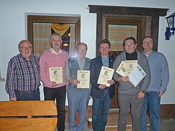 Ehrungen beim FC Haarbrücken: Der bisherige dritte Vorsitzende und Ehrenamtsbeauftragter Gerhard Heublein, Rainer Herold, Richard Koschwitz, Heico Lauzening, Klaus-Peter Frank (neuer dritter Vorsitzender und EAB) sowie 1. Vorsitzender Jochen Langbein.  Foto: Peter Tischer