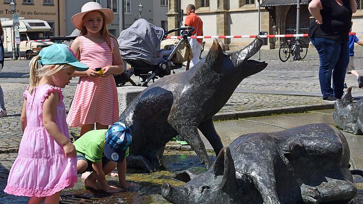 Das kühle Wasser bei den Schweinen am Marktplatz in Haßfurt lud bei den hohen Temperaturen viele Kinder zum Plantschen ein.Ulrike Langer