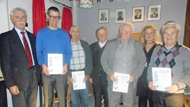 Ehrungen beim ATSV Gehülz (von links): Hans Simon, Michael Vogler, Gerhard Simon, Ehrenvorsitzender Lothar Biesenecker, Armin Barnickel, Nadja Stöcker (geschäftsführende Vorsitzende) und Adam Rauh, der die Ehrung für seine Tochter Susanne Nickel entgegennahm Foto: K.- H. Hofmann