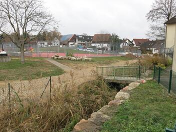 Das Gelände beim Sportplatz der Schule, wo die mobile Baustraße  verlegt werden soll.  Im Vordergrund die Brücke über den Mühlbach, die auf das Tor zwischen  Schule und Sporthalle zuführt. Foto: Dagmar Niemann