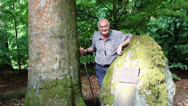 Die 250 Jahre alte "Inspektionsbuche" hat von Rainer Betz einen Gedenkstein bekommen, um den Reichtum der Wälder für die nachfolgende Generation sichtbar zu machen. Foto: Julia Raab