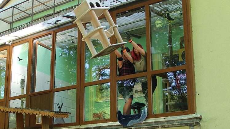 Nicht nur das Feuer, sondern auch das Löschwasser hat vieles zerstört. Helferinnen werfen Einrichtungsgegenstände, die nicht mehr zu retten sind, aus dem Fenster.Foto: Heike BeudertLöschwasser