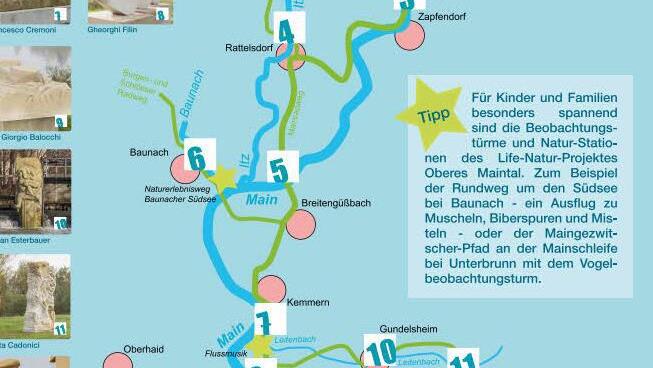 Der Auenweg verläuft auf dem altbekannten Mainweg, hat aber durch die Aufstellung der zwölf Skulpturen eine eigene "Fassung" bekommen. Quelle: Flussparadies Franken