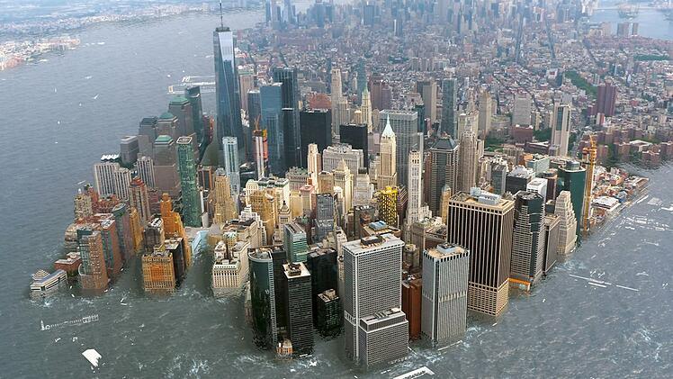 Wenn der Meeresspiegel weiter steigt, k&ouml;nnte der Stadtteil Manhattan in New York City &uuml;berflutet werden, wie eine Simulation zeigt.
