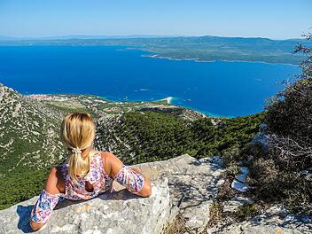 View of Zlatni Rat beach from Vidova Gora, Brac, Croatia.  Blick auf den Strand Zlatni Rat von Vidova Gora, Brac, Kroatien.