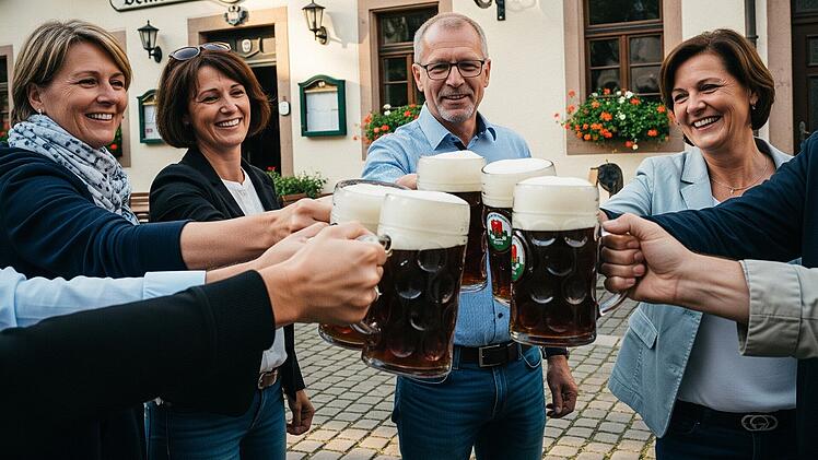 Ein paar Frauen und Männer mittleren Alters stoßen vor einer Brauereigaststätte mit Krügen an, in denen Bockbier ist.