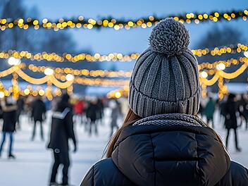 Eine Frau mit Bommelm&uuml;tze verfolgt das Treiben auf einer Eisbahn im Winter