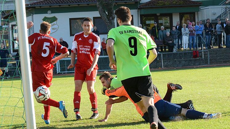 Das ist die Entscheidung: Marco Weber (Bildmitte, verdeckt) trifft zum 3:0 für den SV Ramsthal gegen FTS-Keeper Sven Herder. Foto: ssp